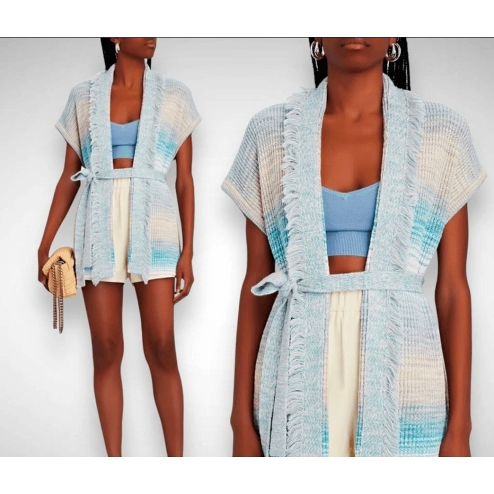 Intermix Blue Ombre Fringe Shawl Collar Belted Knit Vest Cardigan Size M western